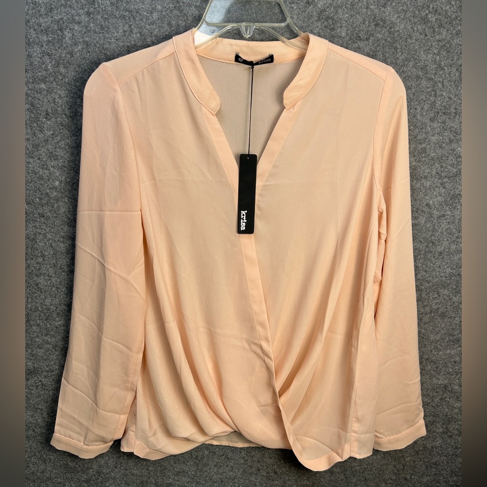 Krisa Popover Peach Blouse Size Small Draped Faux Wrap Front Business Casual New